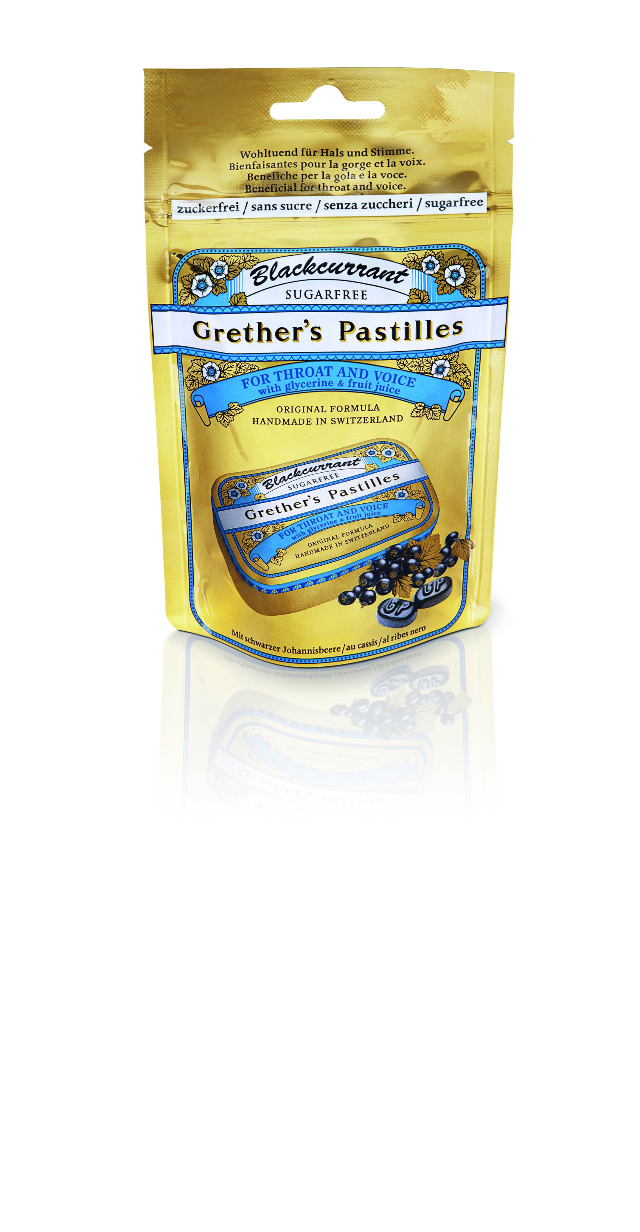 Grethers Blackcurrant Gold zuckerfrei Pastillen Beutel 100g